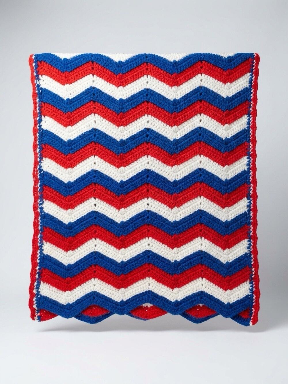 Handmade Crochet Afghan Throw Blanket Red White Blue Patriotic 50x54 Zigzags VTG